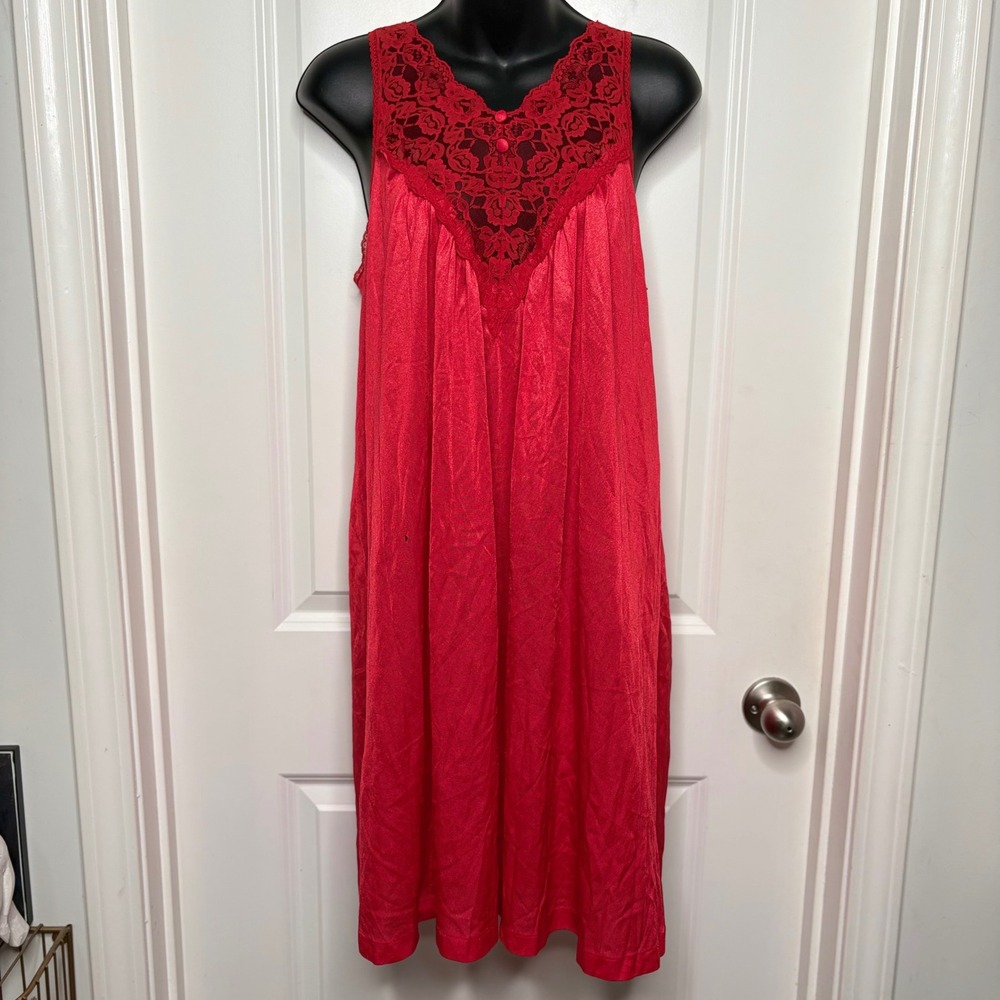 Vintage Vassarette Red Lace Trim Nightgown Sleeveless Nylon Tricot Chemise USA M